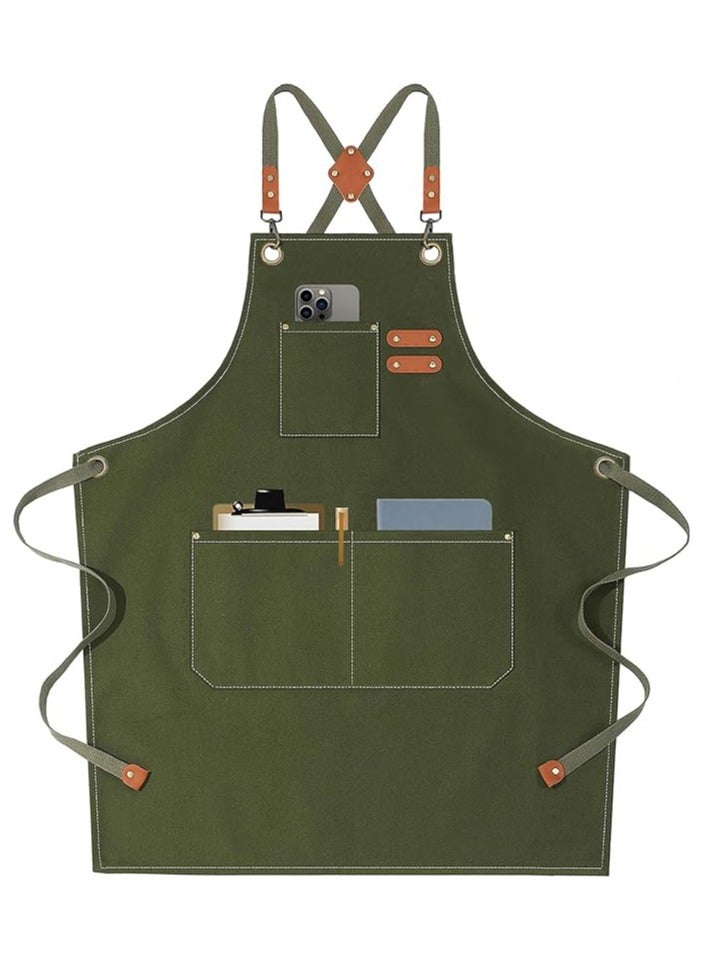 AL RAID Chef Apron Waterproof  for Women and Men,Cotton Canvas Apron with Adjustable Straps and Large Pockets, for Kitchen Cooking Baking Hairstylist Woodworking Welding Carpenter Work Bib Painting Gardening Apron Green - Image 1