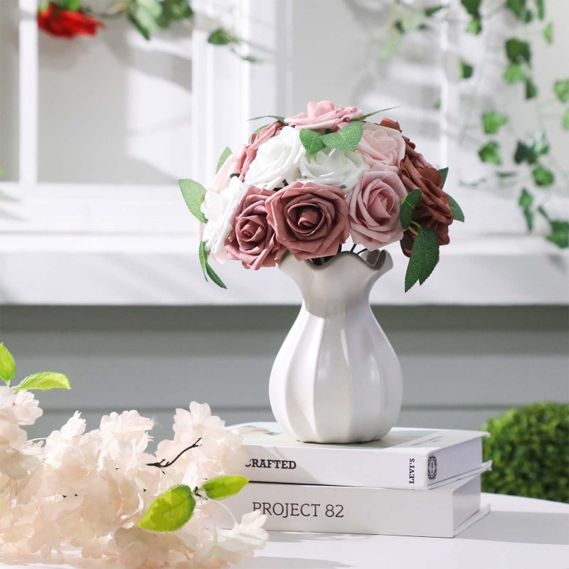 لوينابيو Luinabio 100 PCS زهور اصطناعية حقيقية المظهر الورود الورود ورود الورود المزيفة مع الأوراق والسيقان لباقات الزفاف DIY مركزية دش الزفاف ديكور المنزل (ظلال من الورود المتربة) - Image 5