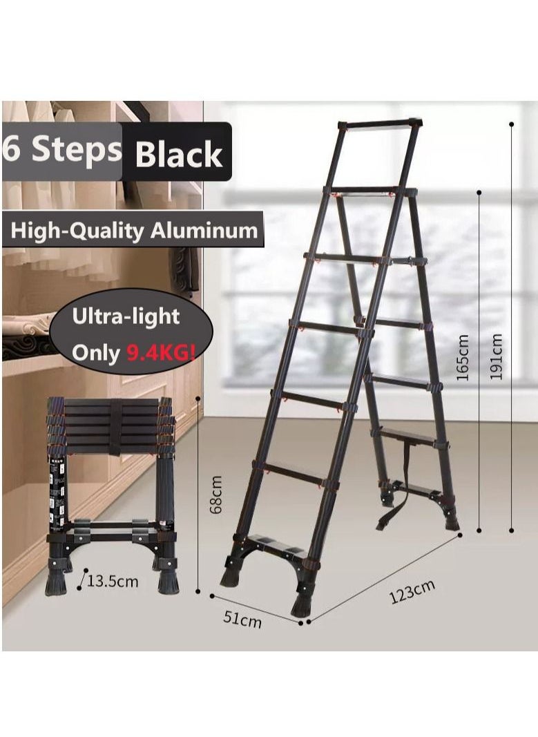 SUNRISE  6 Steps Telescoping Ladder A-Frame Aluminum Telescopic Ladder With 1-Button Retraction Portable Extension Ladder Adjustable Lightweight Folding Ladder For Home152kgs Capacity