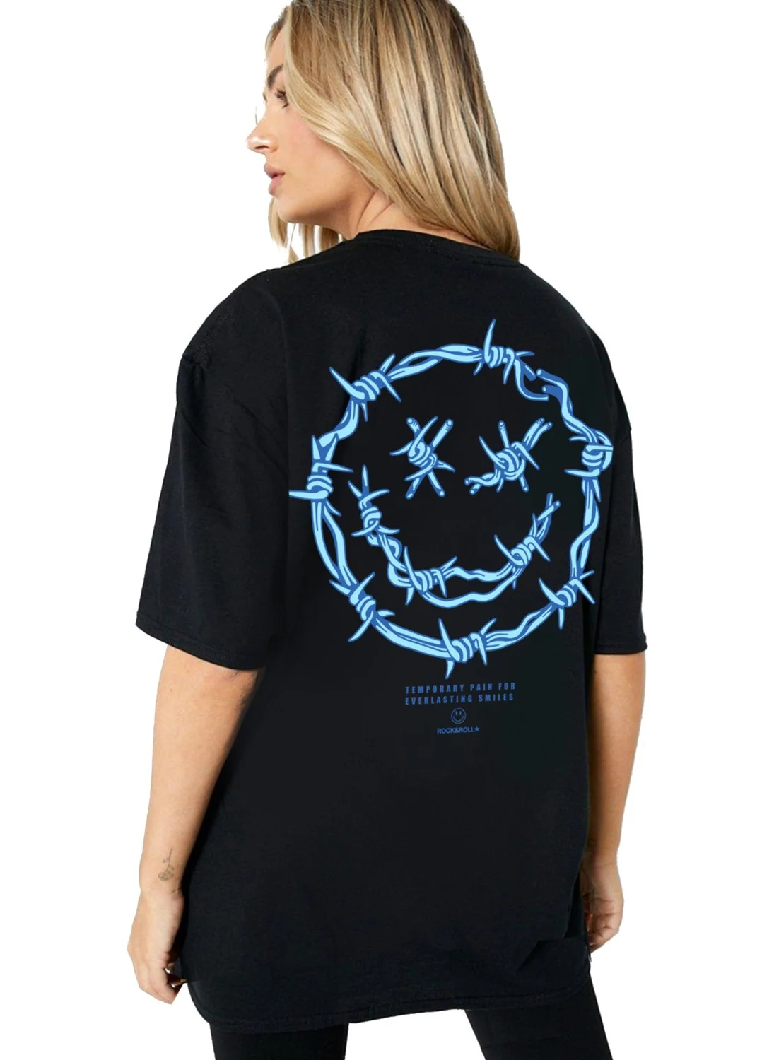 روك اند رول Spiky Face Black Short Sleeve Back Printed Oversize Women's T-Shirt