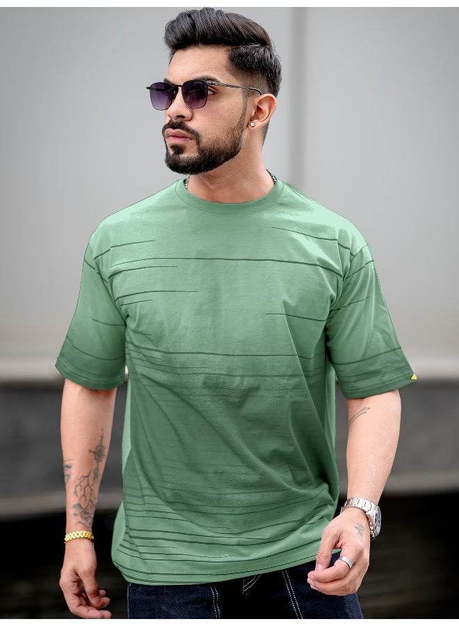 Maniac Mens Spray Print Round Neck 3/4th Sleeve Berly Green Cotton Oversized T-Shirt - Image 1