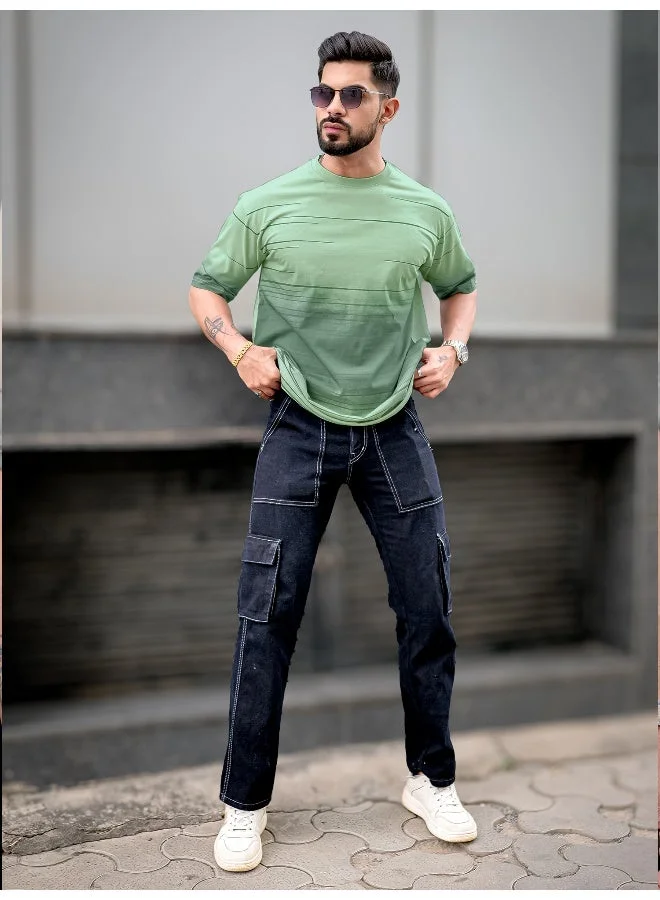 Maniac  Maniac Mens Spray Print Round Neck 3/4th Sleeve Berly Green Cotton Oversized T-Shirt for Men | Best Price UAE
