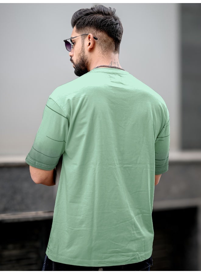 Maniac Mens Spray Print Round Neck 3/4th Sleeve Berly Green Cotton Oversized T-Shirt - Image 3