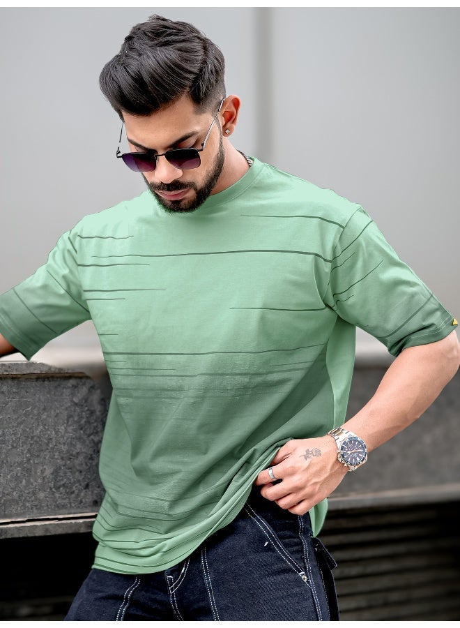 Maniac Mens Spray Print Round Neck 3/4th Sleeve Berly Green Cotton Oversized T-Shirt - Image 2