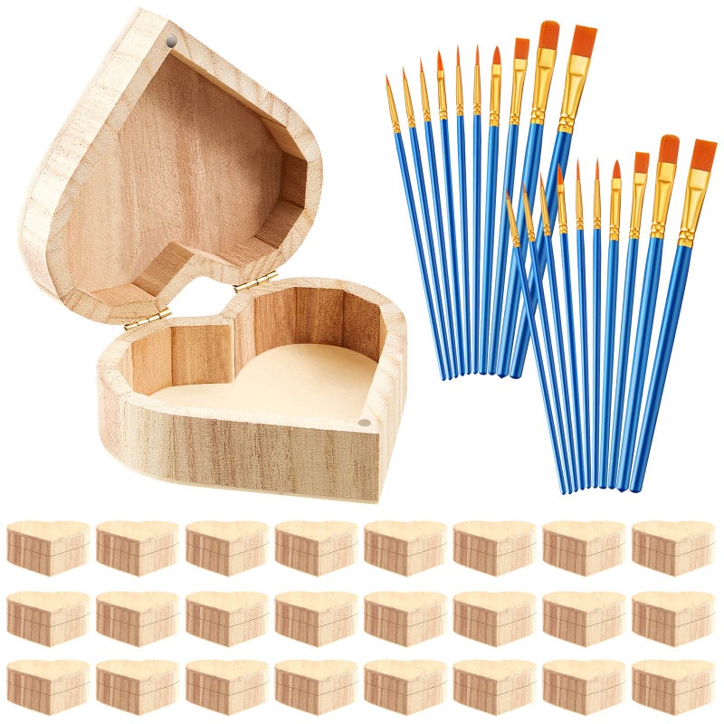Taiyin Taiyin Unfinished Graduation Heart Box Unpainted Wooden Treasure Chest with Art Brushes Wood Heart Shaped Natural Pine Box with Hinged Lid for DIY Craft Making Storage Jewelry24 Pcs