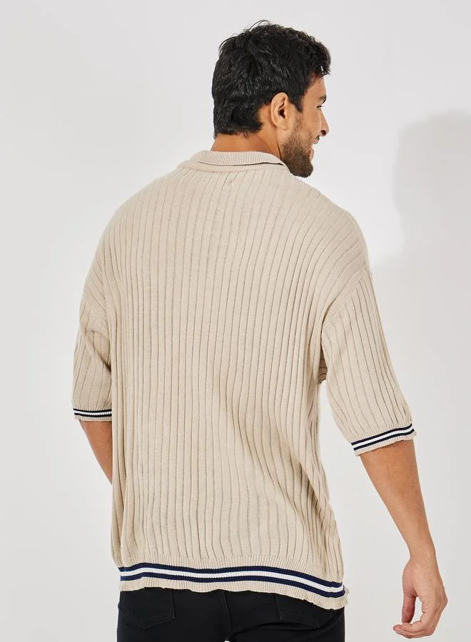 Styli Premium Knit Relaxed Varsity Polo with Pocket Badge
