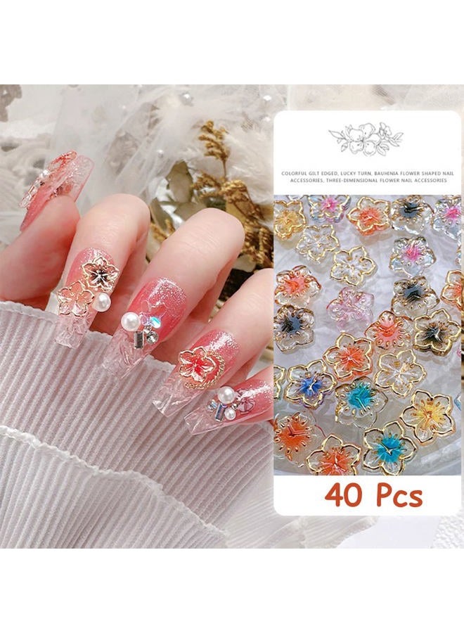 KRTBKR 40Pcs Flower Nail Charms 3D Flower Nail Decals Nail Charms Gold Edge Flower Resin for Nails Mixed Colorful Flower Petals Charms Spring Nail Charm Nail Art Supplies for Women Girls Manicure Decorations - Image 2