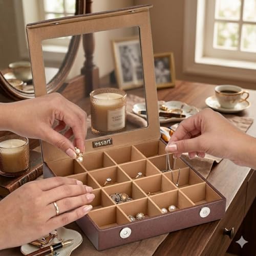 essart 16 Slot Jewellery Storage Case Organizer Box for Rings, Earrings & Accessories with Magnetic Closure Multi Compartment Storage Case for Accessories (10080-Snakebit Brown) - Image 2