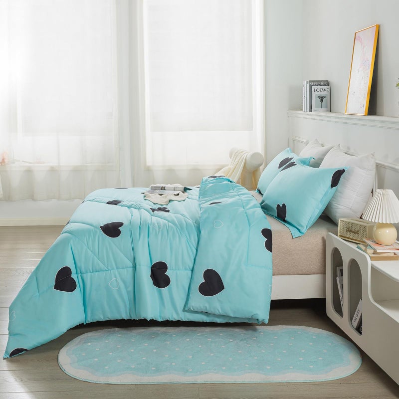 Caressma Love Pattern Girls Comforter Set Queen Size, Sky Blue Cute Love Heart Print Comforter Bedding Set for All Seasons, Geometric Soft Microfiber 3 Pieces Comforter Set with Pillowcases - Image 4