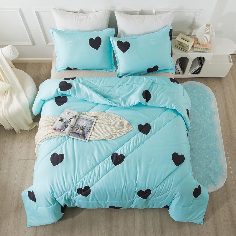 Caressma Love Pattern Girls Comforter Set Queen Size, Sky Blue Cute Love Heart Print Comforter Bedding Set for All Seasons, Geometric Soft Microfiber 3 Pieces Comforter Set with Pillowcases - Image 3