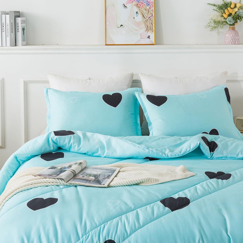 Caressma Love Pattern Girls Comforter Set Queen Size, Sky Blue Cute Love Heart Print Comforter Bedding Set for All Seasons, Geometric Soft Microfiber 3 Pieces Comforter Set with Pillowcases - Image 5
