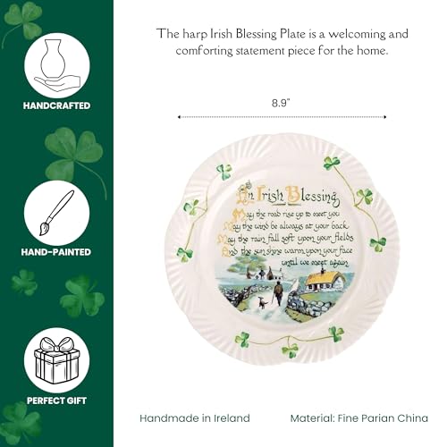 Belleek Harp Irish Blessing Plate - Fine Parian China Shamrock Decorative Plate - Handcrafted Irish Decor - 8.9"D, White - Image 2