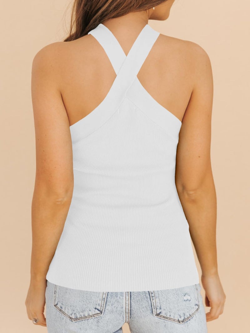 Ebifin Womens Criss Cross Halter Sweater Vest Tops Summer Sleeveless Pullover Casual Lightweight V Neck Knit Tank Top White - Image 5