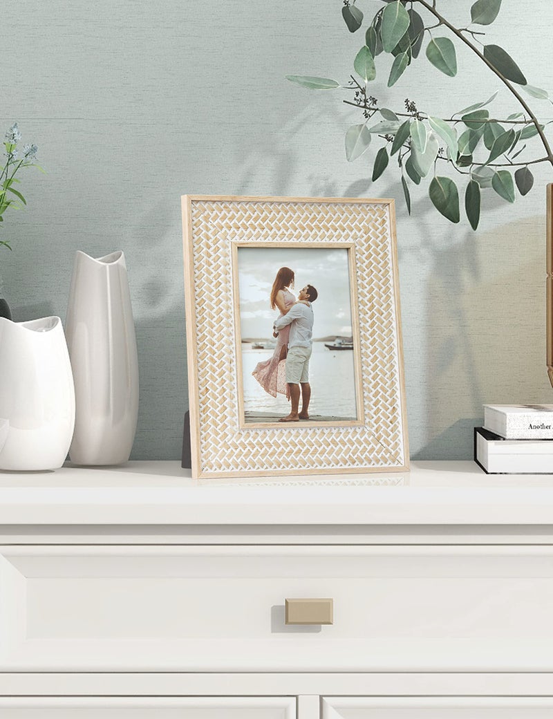 Sonefreiy 5x7 Picture Frame  Boho Picture Frames Rattan Pattern 5 x 7 Photo Frame for Desk and Wall  Gift for Family Mom Dad Grandma Friends  Beige Yellow - Image 5