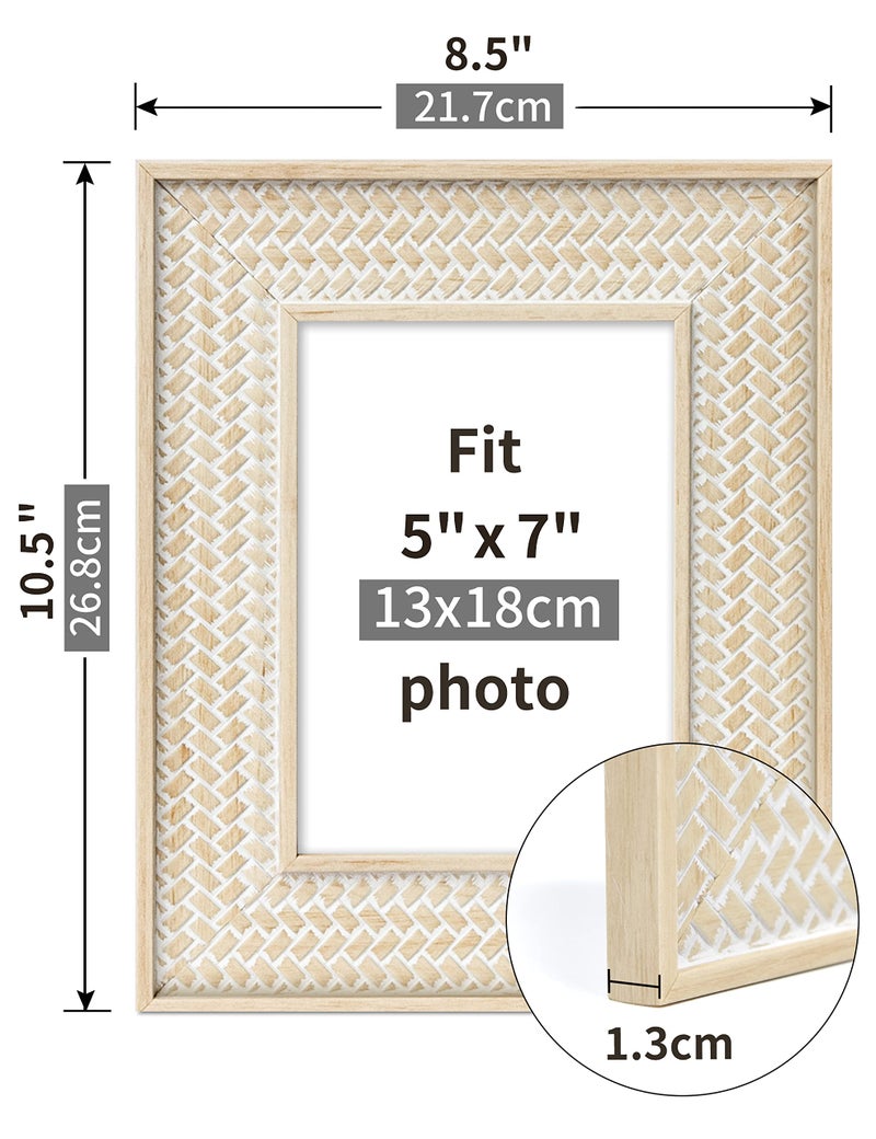 Sonefreiy 5x7 Picture Frame  Boho Picture Frames Rattan Pattern 5 x 7 Photo Frame for Desk and Wall  Gift for Family Mom Dad Grandma Friends  Beige Yellow - Image 3
