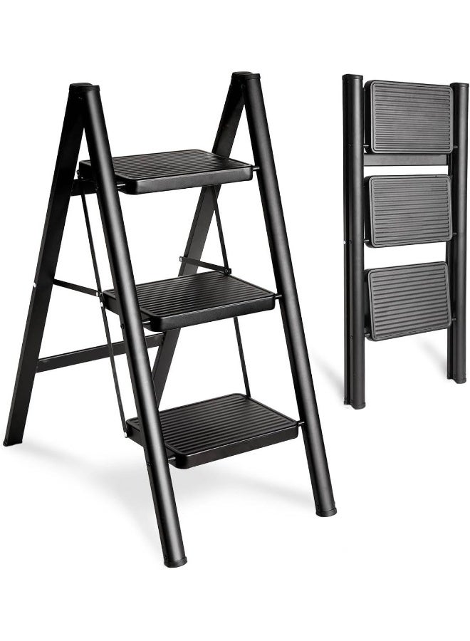MOMENT سلم قابل للطي 3 خطوات، ستيول قوي 150 كجم صغير للبالغين، سلم مطبخ متعدد الاستخدامات من الفولاذ الكامل أكثر أمانًا للمنزل، سلم خطوة لخزانة مع دواسات عريضة مضادة للانزلاق، أسود - Image 1