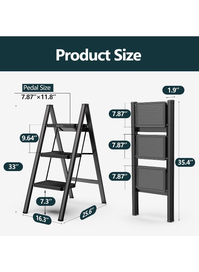 MOMENT سلم قابل للطي 3 خطوات، ستيول قوي 150 كجم صغير للبالغين، سلم مطبخ متعدد الاستخدامات من الفولاذ الكامل أكثر أمانًا للمنزل، سلم خطوة لخزانة مع دواسات عريضة مضادة للانزلاق، أسود - Image 3