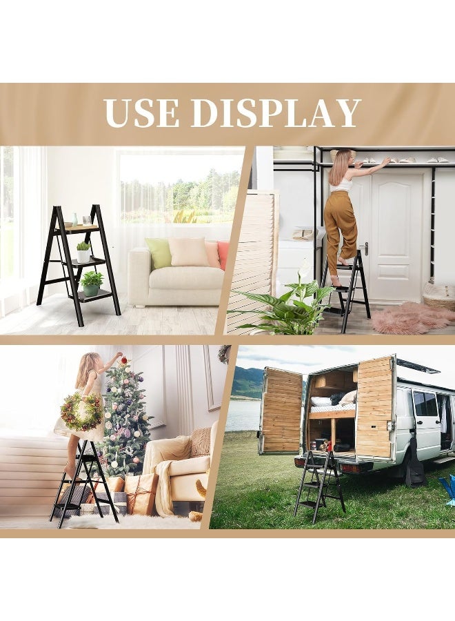 MOMENT سلم قابل للطي 3 خطوات، ستيول قوي 150 كجم صغير للبالغين، سلم مطبخ متعدد الاستخدامات من الفولاذ الكامل أكثر أمانًا للمنزل، سلم خطوة لخزانة مع دواسات عريضة مضادة للانزلاق، أسود - Image 5