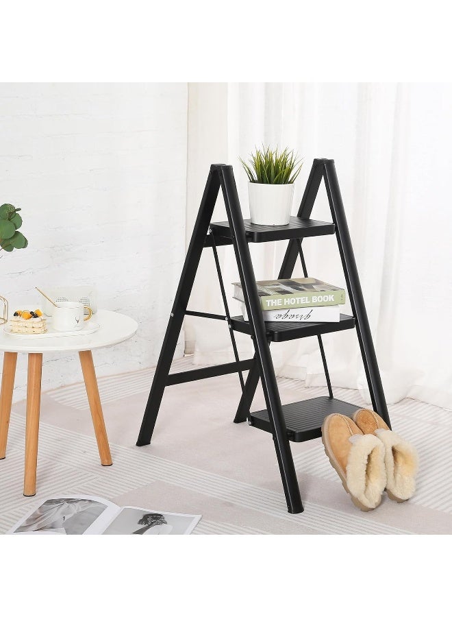 MOMENT سلم قابل للطي 3 خطوات، ستيول قوي 150 كجم صغير للبالغين، سلم مطبخ متعدد الاستخدامات من الفولاذ الكامل أكثر أمانًا للمنزل، سلم خطوة لخزانة مع دواسات عريضة مضادة للانزلاق، أسود - Image 2