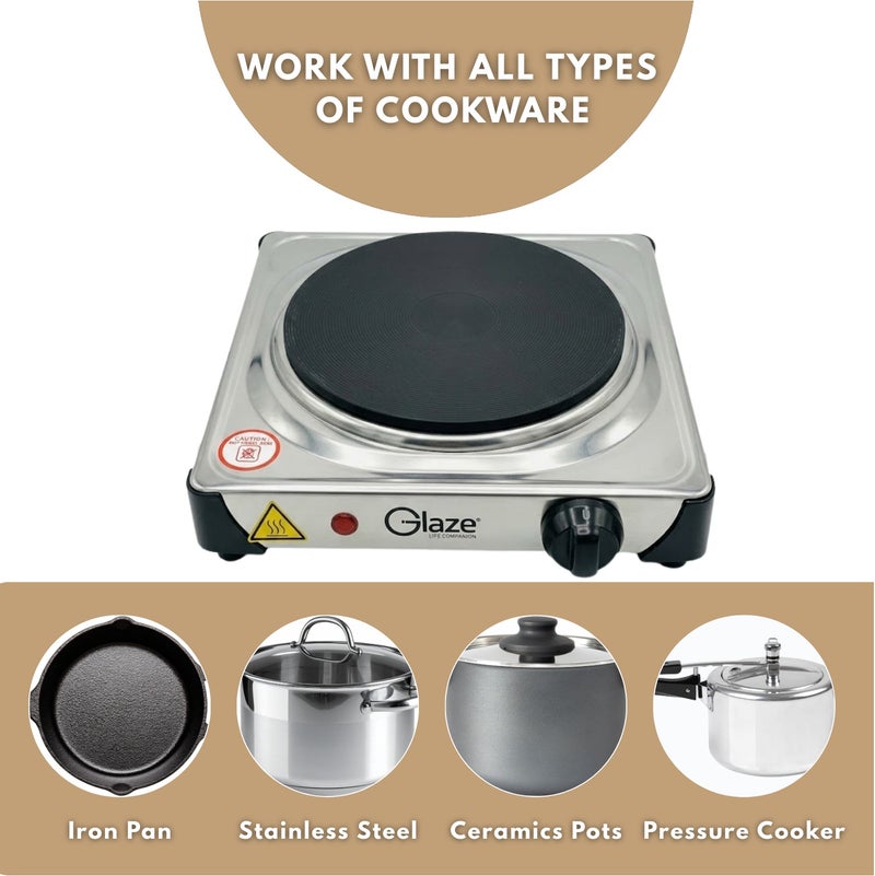 جليز صحن تسخين كهربائي 1500 واط بشعلة واحدة – مع منظم حرارة قابل للتعديل ومؤشر طاقة | صحن ساخن محمول للطاولة GL886HP، مع ضمان لمدة سنتين. - Image 5