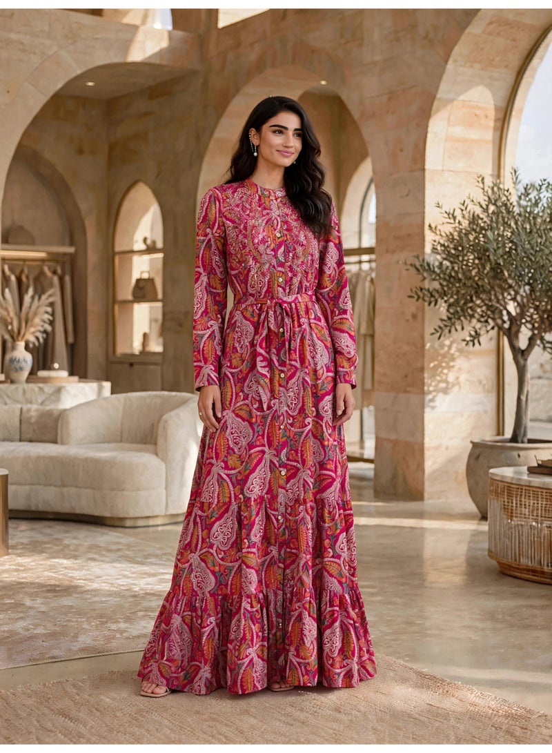 IKKXA Mandarin Collar Tiered Paisley Jalabiya IK24Pink - Image 1