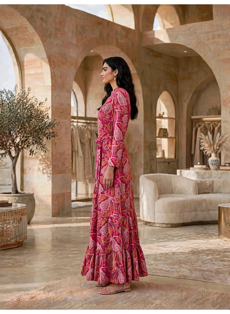 IKKXA Mandarin Collar Tiered Paisley Jalabiya IK24Pink - Image 3