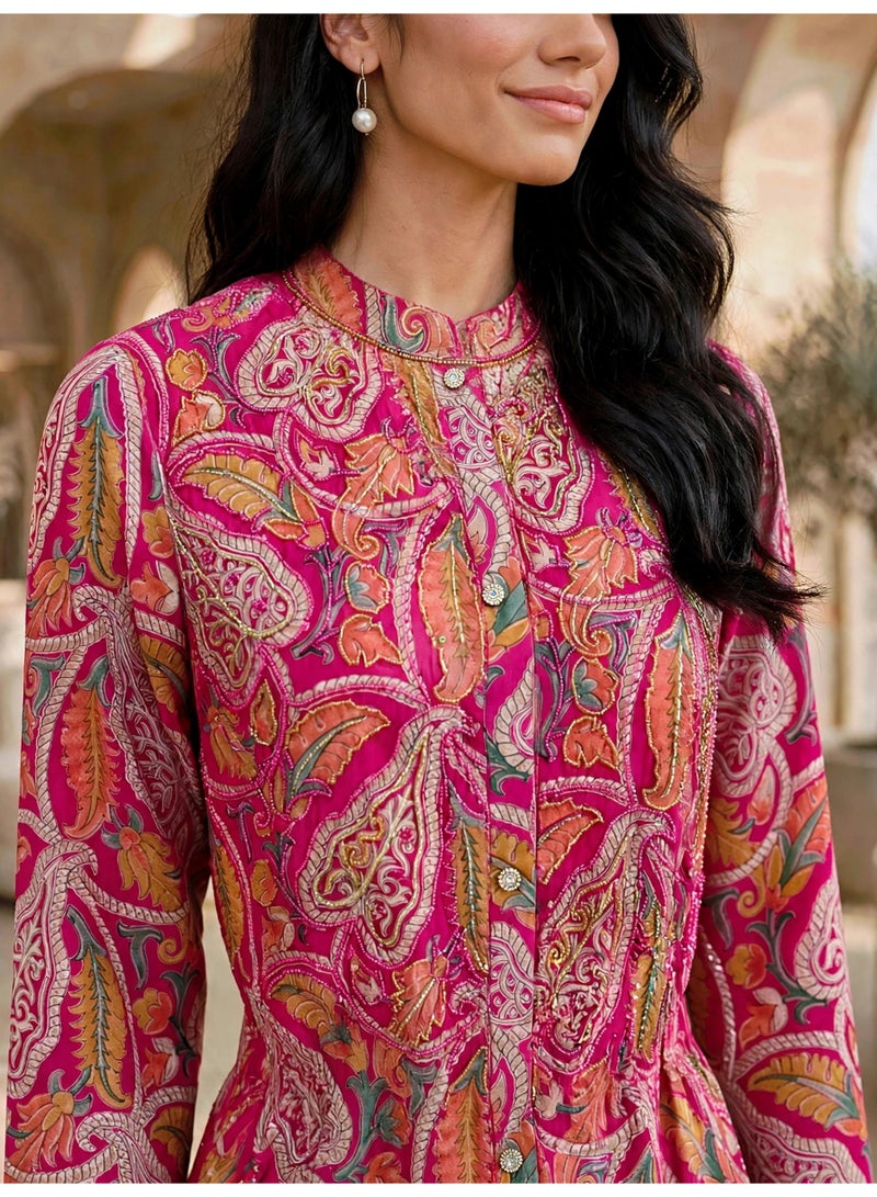 IKKXA Mandarin Collar Tiered Paisley Jalabiya IK24Pink - Image 2