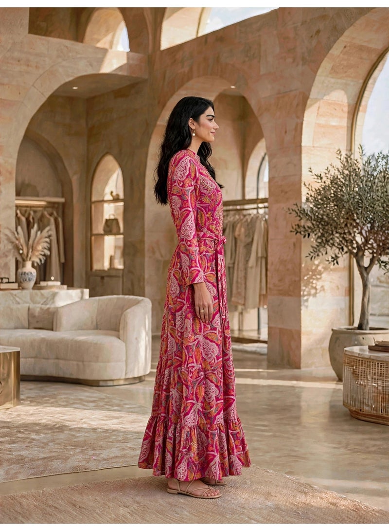IKKXA Mandarin Collar Tiered Paisley Jalabiya IK24Pink - Image 4