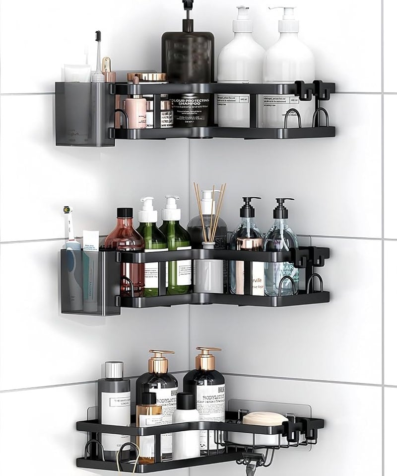 AMINAC Corner Shower Caddy 5-Pack, 3-Tier Bathroom Shelf with 2 Hanging Boxes & 6 Removable Hooks, 22LB Heavy-Duty Bath Storage for Shower, Kitchen, Dorm, Black - Image 1