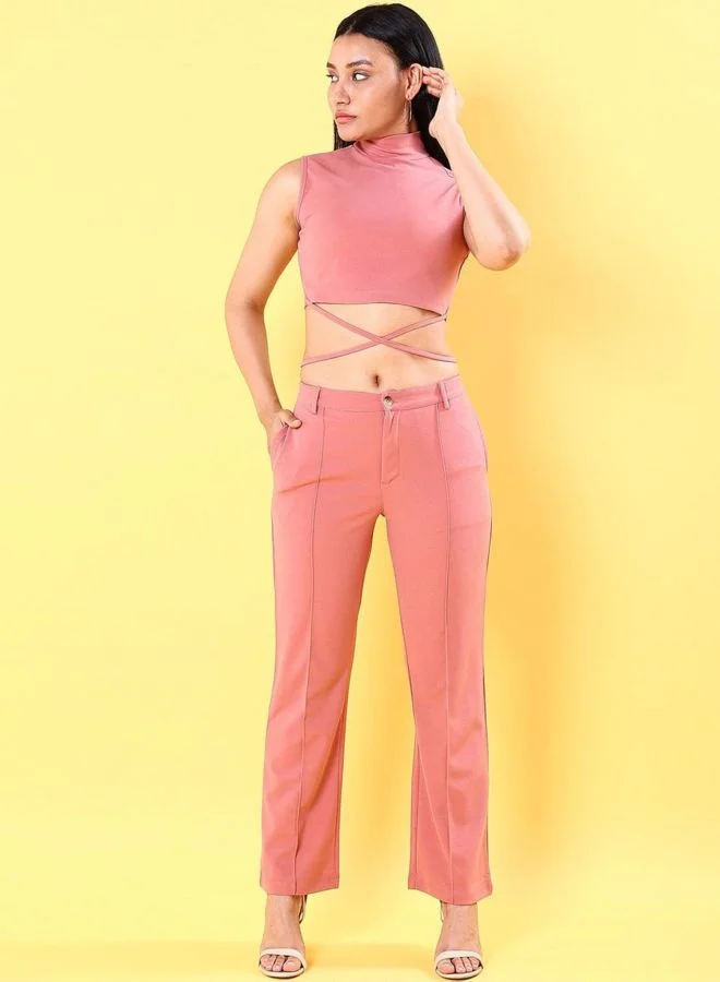 Women Fit and Flared Solid Sleeveless High Rise Crop Top and Pant Co-Ord Set