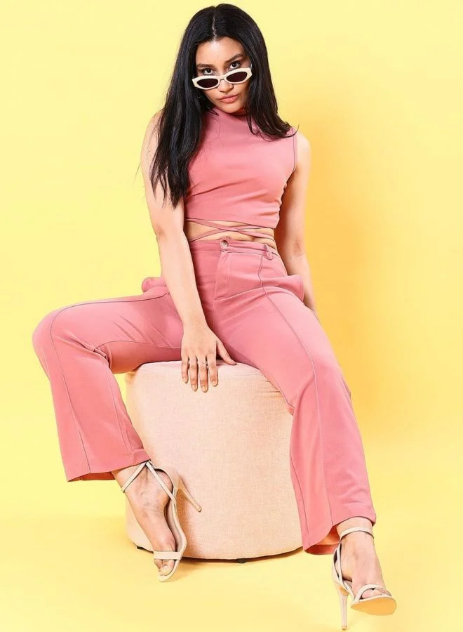 Freehand  Women Fit and Flared Solid Sleeveless High Rise Crop Top and Pant Co-Ord Set  | Best Price UAE