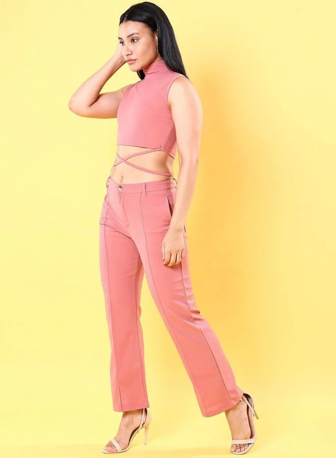 Freehand  Women Fit and Flared Solid Sleeveless High Rise Crop Top and Pant Co-Ord Set  | Best Price UAE
