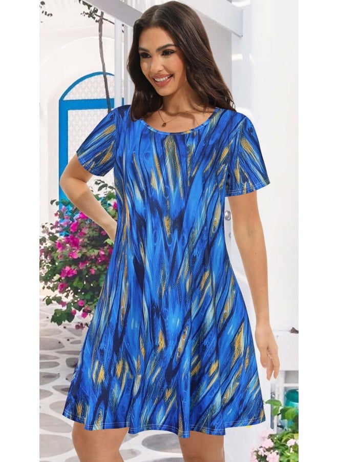 elescat Summer Dresses for Women Casual Tshirt Short Sleeve Floral Sundress Beach Cover Ups with Pockets, Blue Stripe, 3XL - Image 3