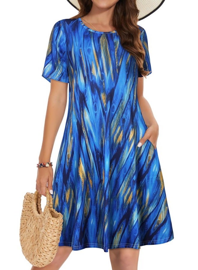 elescat Summer Dresses for Women Casual Tshirt Short Sleeve Floral Sundress Beach Cover Ups with Pockets, Blue Stripe, 3XL - Image 1