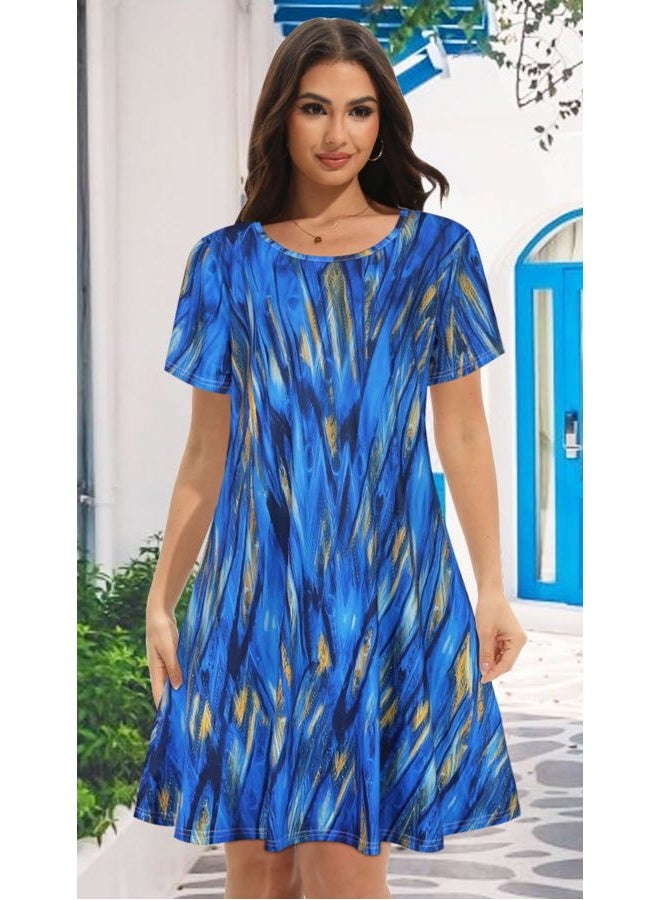 elescat Summer Dresses for Women Casual Tshirt Short Sleeve Floral Sundress Beach Cover Ups with Pockets, Blue Stripe, 3XL - Image 2