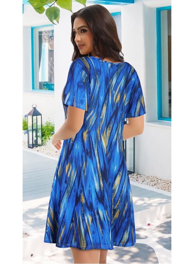 elescat Summer Dresses for Women Casual Tshirt Short Sleeve Floral Sundress Beach Cover Ups with Pockets, Blue Stripe, 3XL - Image 4
