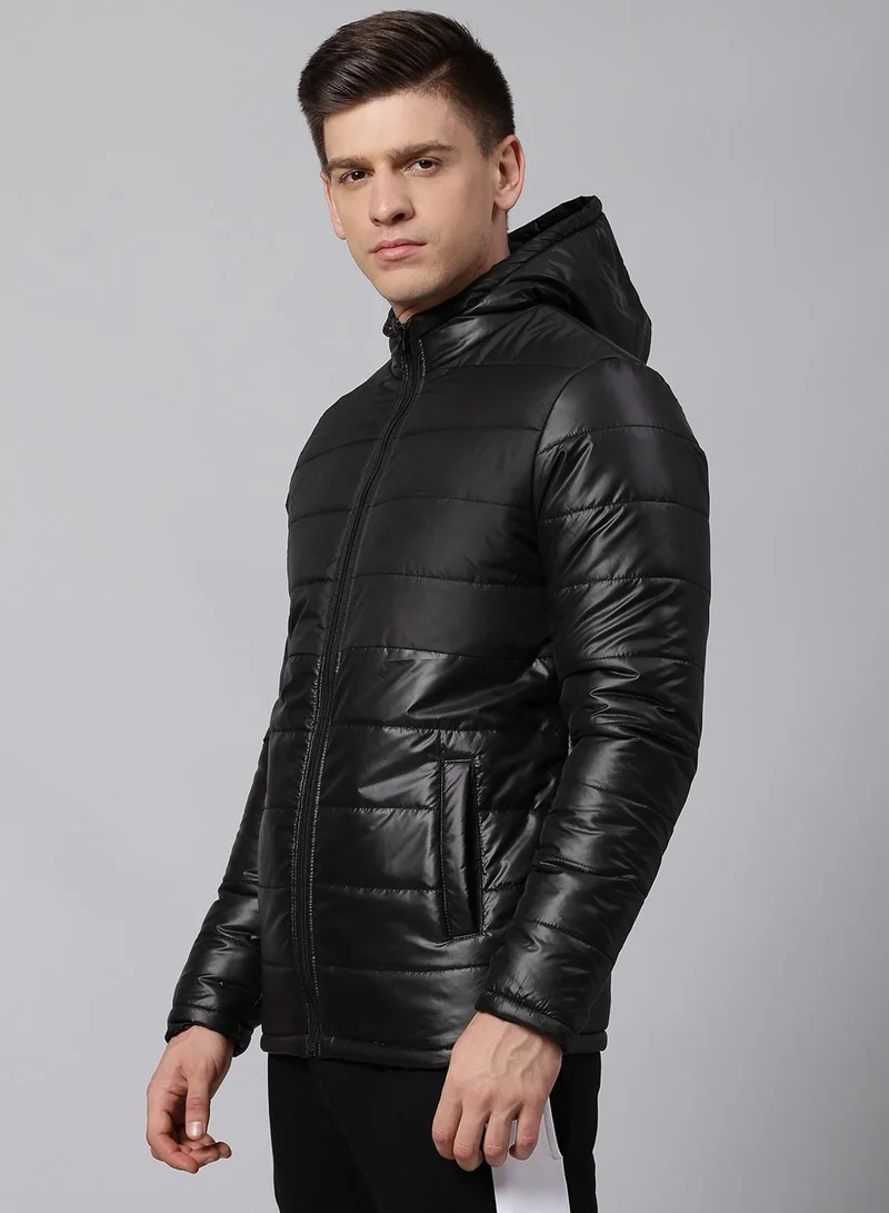 دينيس لينغو جاكيت رجالي أسود بقلنسوة بقصة عادية من البوليستر بسحاب