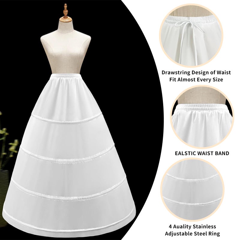 LJXploreMax Women's Petticoat 4 Hoop Skirt A Line Crinoline Floor Length Underskirt for Wedding Dress Ball Gown Slips Skirt Bridal Dress Petticoats - Image 3