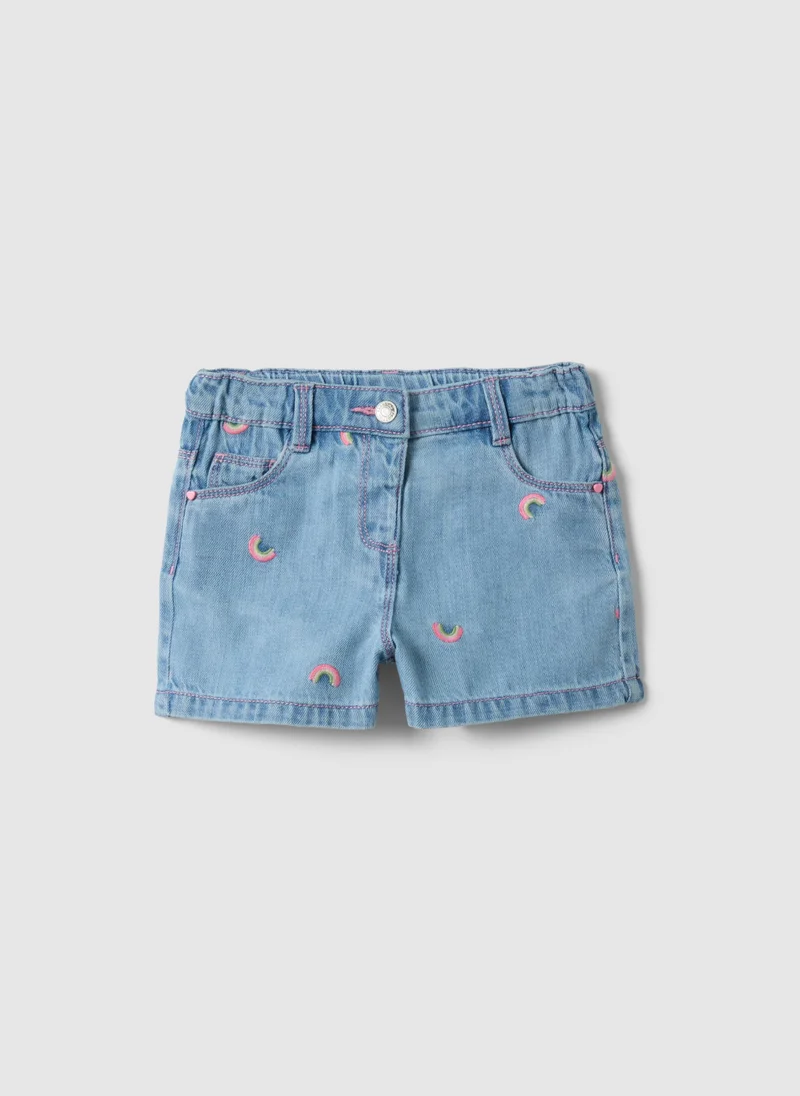 او في اس Ovs Blue Denim Cotton Blend Shorts For Girls, Regular Fit, With Embroidery
