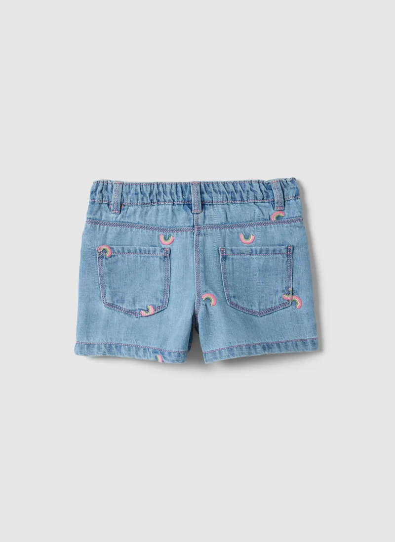 او في اس Ovs Blue Denim Cotton Blend Shorts For Girls, Regular Fit, With Embroidery