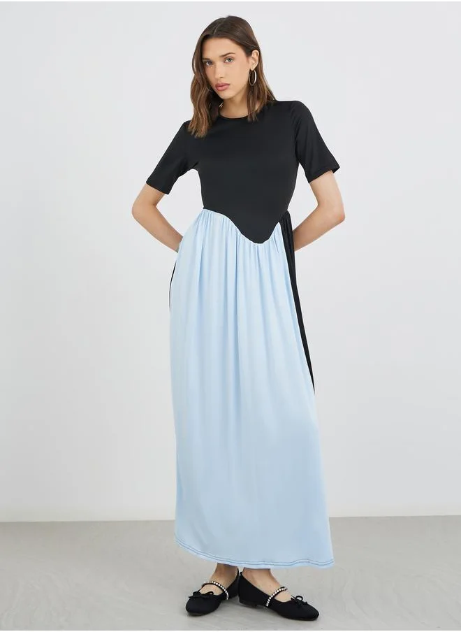 تايك تو Take Two Color Block Short Sleeve Round Neck Maxi Dress
