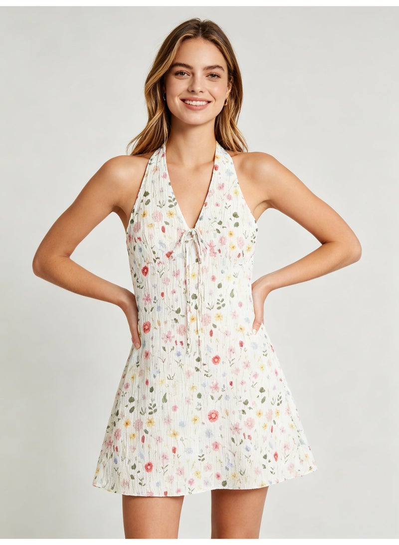 زارا ZARA Women’s White Ditsy Floral Halter Tie Front Sleeveless Mini Dress - Image 5