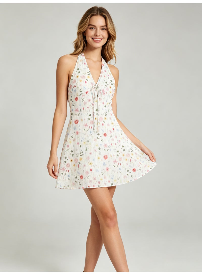 زارا ZARA Women’s White Ditsy Floral Halter Tie Front Sleeveless Mini Dress - Image 2