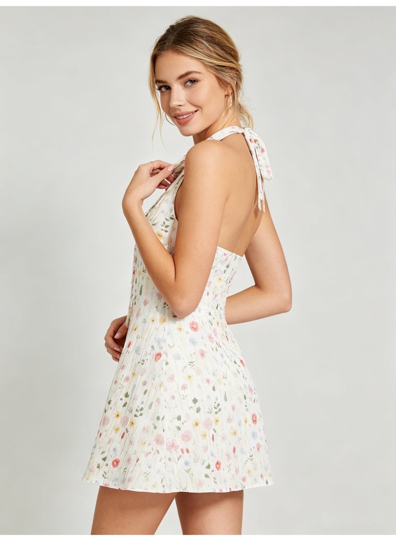 زارا ZARA Women’s White Ditsy Floral Halter Tie Front Sleeveless Mini Dress - Image 4