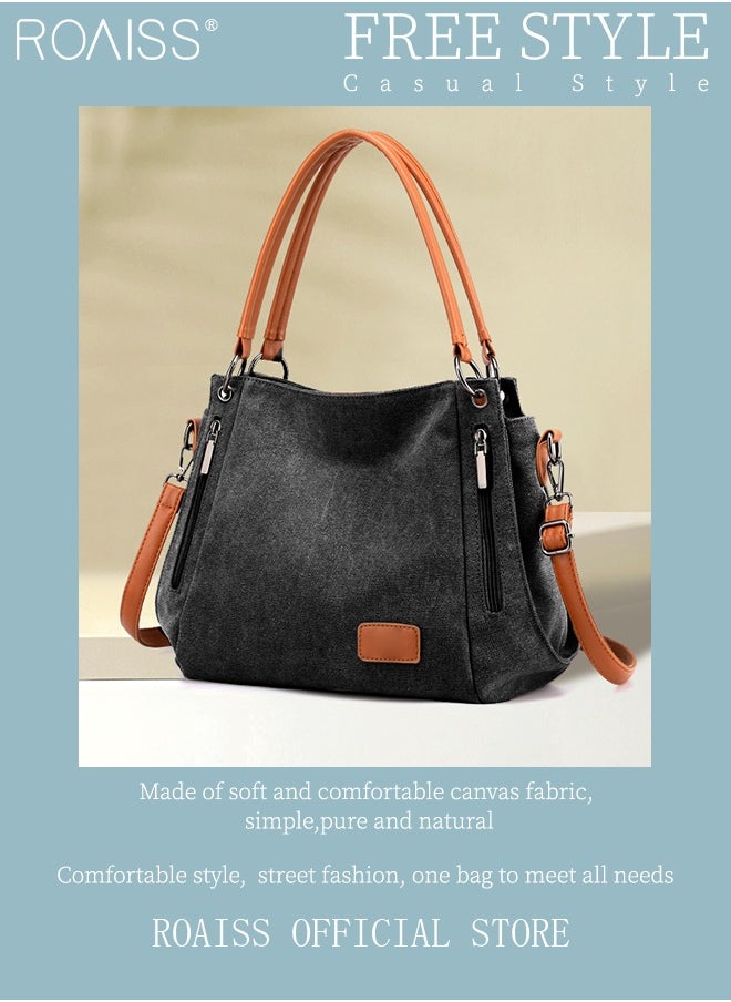 roaiss Large Capacity Shoulder Tote Bag Casual Canvas Handbag Crossbody with Long Strap Multi Pocket for Young Women Teenagers School Shopping  - Image 4