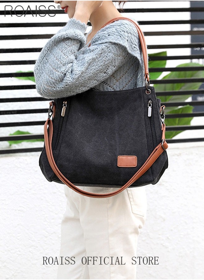 roaiss Large Capacity Shoulder Tote Bag Casual Canvas Handbag Crossbody with Long Strap Multi Pocket for Young Women Teenagers School Shopping  - Image 1