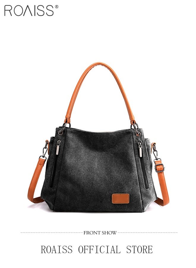 roaiss Large Capacity Shoulder Tote Bag Casual Canvas Handbag Crossbody with Long Strap Multi Pocket for Young Women Teenagers School Shopping  - Image 5