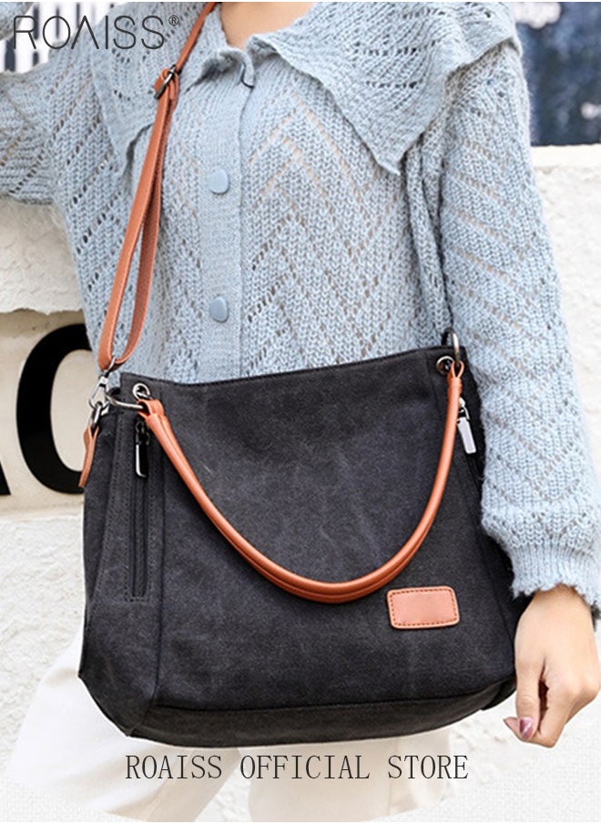 roaiss Large Capacity Shoulder Tote Bag Casual Canvas Handbag Crossbody with Long Strap Multi Pocket for Young Women Teenagers School Shopping  - Image 3