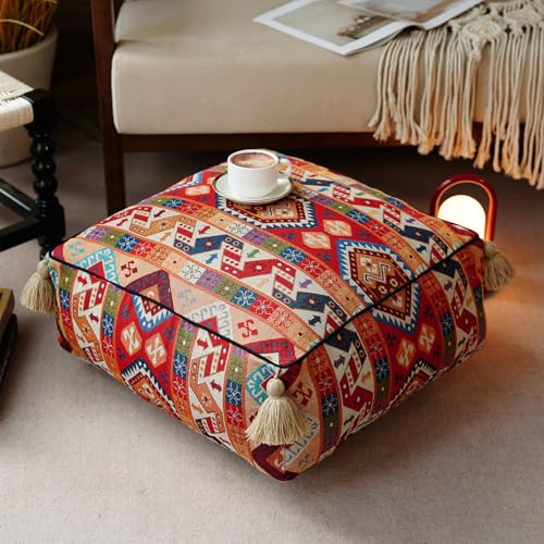 Artbloss Boho Unstuffed Pouf Cover Ottoman Footrest Indian Mexcian Foot Stool Floor Bean Bag Floor Chair Storage for Living Room Bedroom Decor Boho Red Square - Image 1