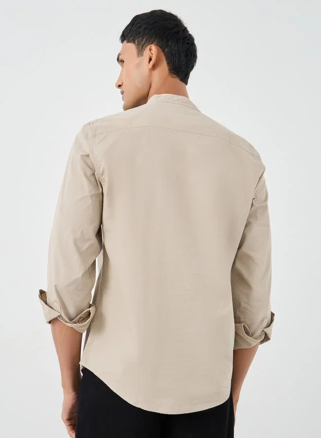 Styli Styli Solid Mandarin Collar Regular Fit Poplin Shirt